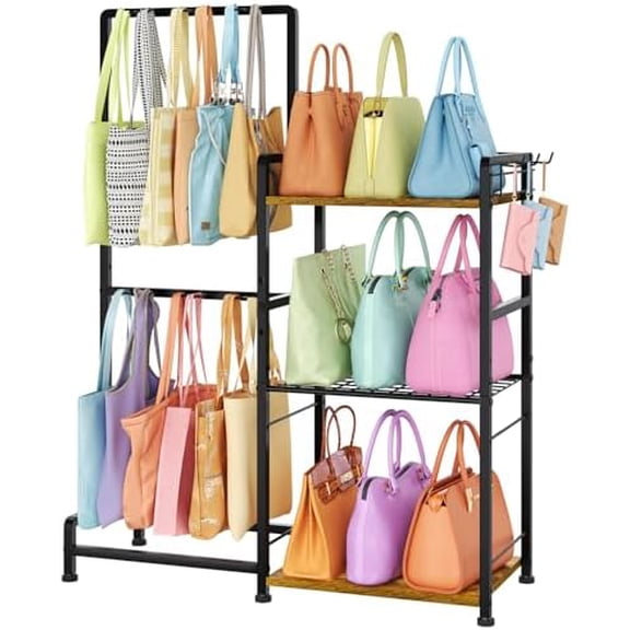 Purse Storage Organizer for Women, 3-Tier Max Purse Storage Stand Rack Holder & Bag Shelf for Closet,12 Fixed Hooks& 3 Side Hooks,Keeping Purses Visible,Purse Display & Bag Organizer for Various Bags
