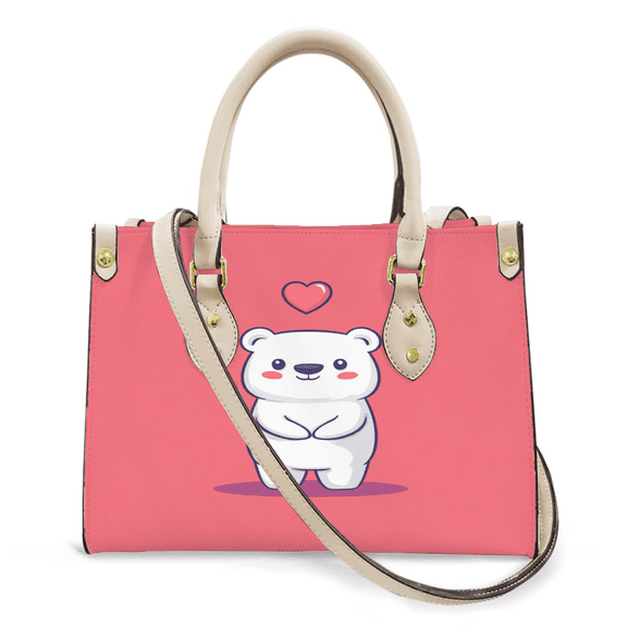 Purse Tote Bag for Women Leather Handbag, Satchel Shoulder Crossbody Top Handle Bags for Work Travel, Bear Heart , WHITE