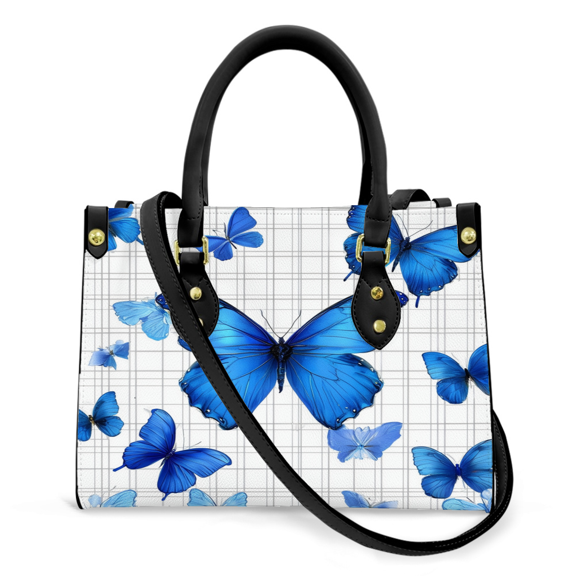 Purse Tote Bag for Women Leather Handbag, Satchel Shoulder Crossbody Top Handle Bags for Work Travel, Blue Butterfly, BLACK