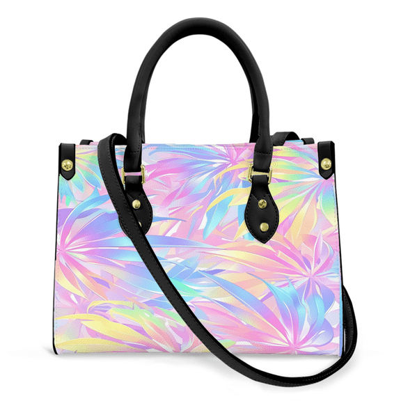 Purse Tote Bag for Women Leather Handbag, Satchel Shoulder Crossbody Top Handle Bags for Work Travel, Colorful Tropical plant, BLACK