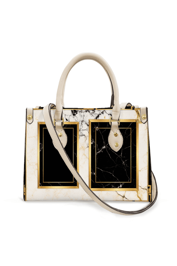 Purse Tote Bag for Women Leather Handbag, Satchel Shoulder Crossbody Top Handle Bags for Work Travel, Elegant gold framed black marble, WHITE