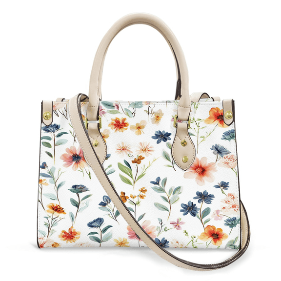 Purse Tote Bag for Women Leather Handbag, Satchel Shoulder Crossbody Top Handle Bags for Work Travel, Flower Plants, WHITE