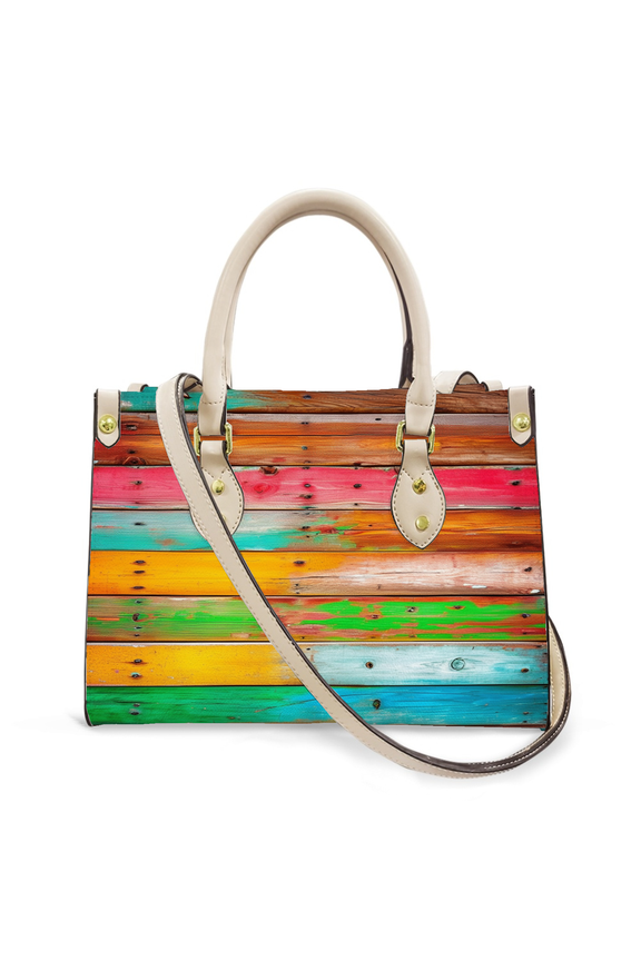 Purse Tote Bag for Women Leather Handbag, Satchel Shoulder Crossbody Top Handle Bags for Work Travel, Old Wooden Board Vintag Colorful, WHITE