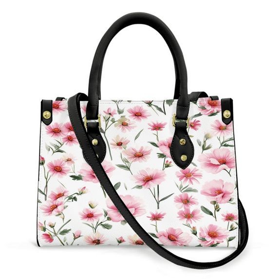 Purse Tote Bag for Women Leather Handbag, Satchel Shoulder Crossbody Top Handle Bags for Work Travel, Pink Daisy, BLACK