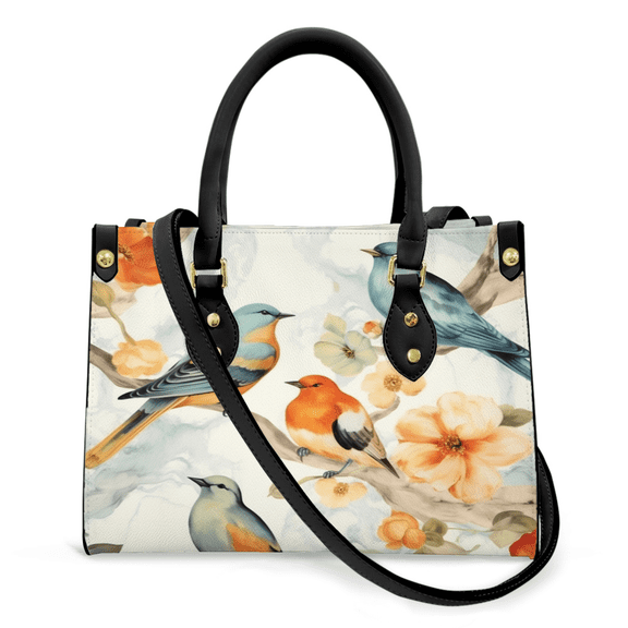 Purse Tote Bag for Women Leather Handbag, Satchel Shoulder Crossbody Top Handle Bags for Work Travel, Vintage Flowers Birds , BLACK