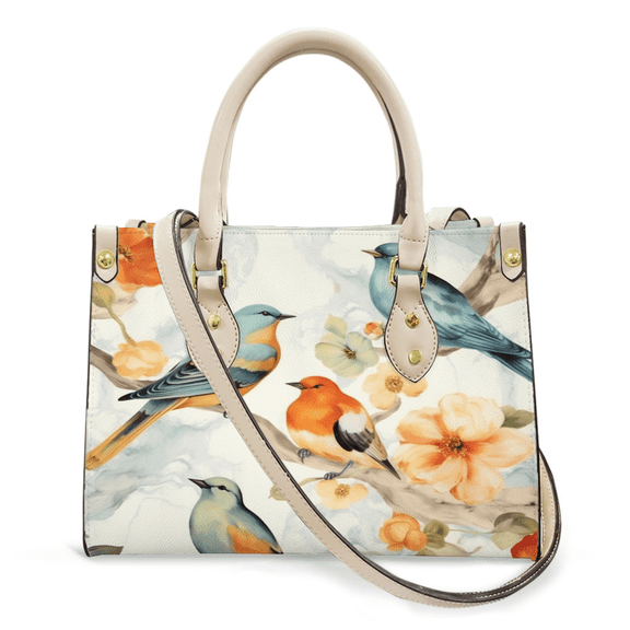 Purse Tote Bag for Women Leather Handbag, Satchel Shoulder Crossbody Top Handle Bags for Work Travel, Vintage Flowers Birds, WHITE