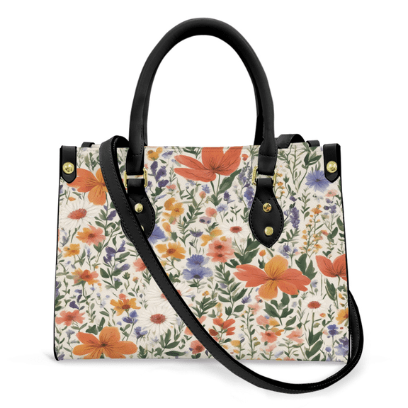 Purse Tote Bag for Women Leather Handbag, Satchel Shoulder Crossbody Top Handle Bags for Work Travel, Wildflower Floral , BLACK