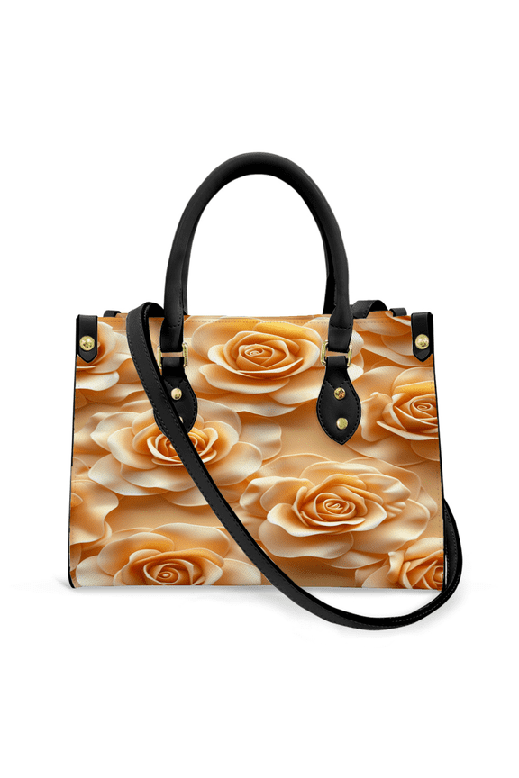 Purse Tote Bag for Women Leather Handbag, Satchel Shoulder Crossbody Top Handle Bags for Work Travel, Yellow Flowers Roses Valentine's Day, BLACK