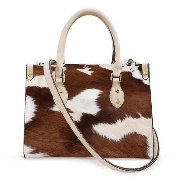 Purse Tote Bag for Women Leather Handbag, Satchel Shoulder Crossbody Top Handle Bags for Work Travel, brown white cow, WHITE