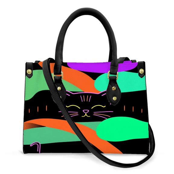 Purse Tote Bag for Women Leather Handbag, Satchel Shoulder Crossbody Top Handle Bags for Work Travel, cat, BLACK