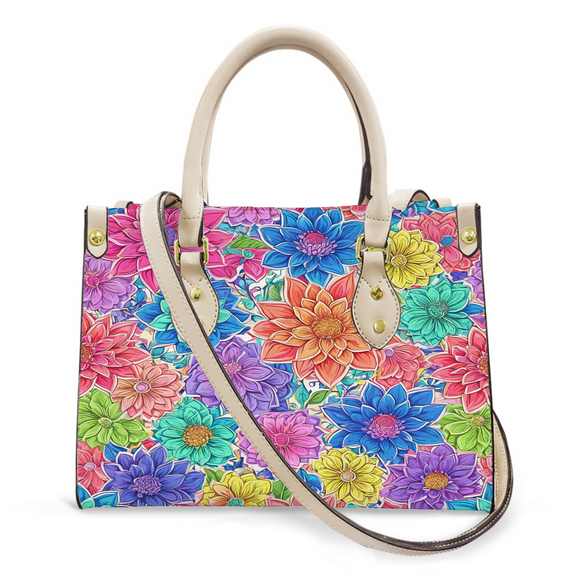 Purse Tote Bag for Women Leather Handbag, Satchel Shoulder Crossbody Top Handle Bags for Work Travel, colorful floral pattern, WHITE