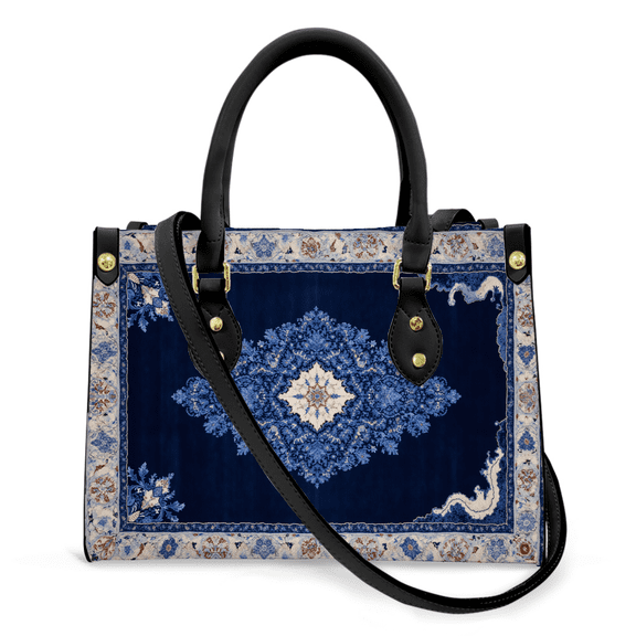 Purse Tote Bag for Women Leather Handbag, Satchel Shoulder Crossbody Top Handle Bags for Work Travel, dark blue ornate, BLACK