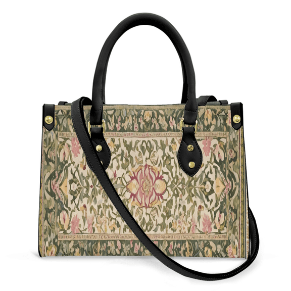 Purse Tote Bag for Women Leather Handbag, Satchel Shoulder Crossbody Top Handle Bags for Work Travel, green and pink Retro Flower, BLACK