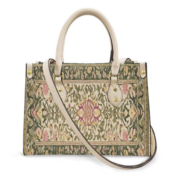 Purse Tote Bag for Women Leather Handbag, Satchel Shoulder Crossbody Top Handle Bags for Work Travel, green and pink Retro Flower, WHITE