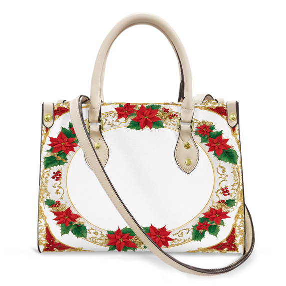 Purse Tote Bag for Women Leather Handbag, Satchel Shoulder Crossbody Top Handle Bags for Work Travel, poinsettias holly leaves golden frame, WHITE