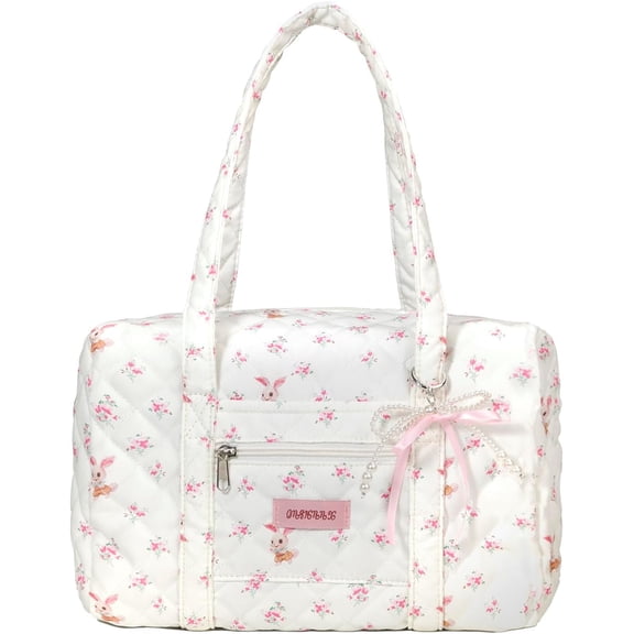 Purse with Bow Charm Floral Quilted Duffle Bag for Women Girls Cute Puffer Sleepover Bag Kawaii Tote Bag for Travel, Diaper, School