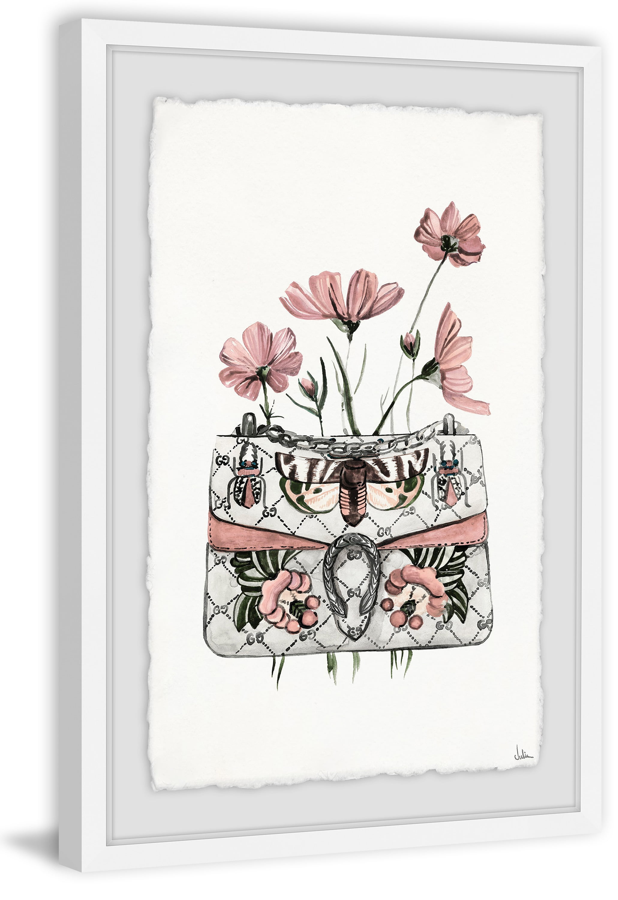 Purse with Pink Flowers Framed Painting Print