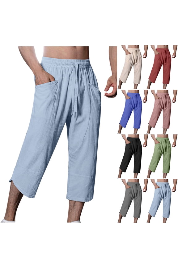 Men's Summer Linen Casual Beach Pants with Pockets Drawstring Elastic Waist Cropped Trousers Loose Fit Capri Pants with Pockets Pink L
