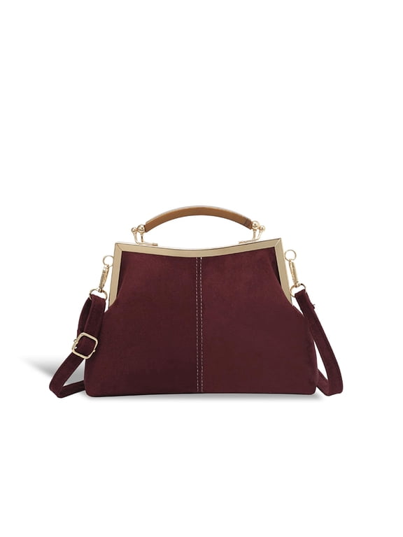 Purses and Handbags Suede Colorblock Structured Kiss Lock Pouch Faux Suede Classy Minimal Retro Clutch with Detachable Strap Purse for Woman.