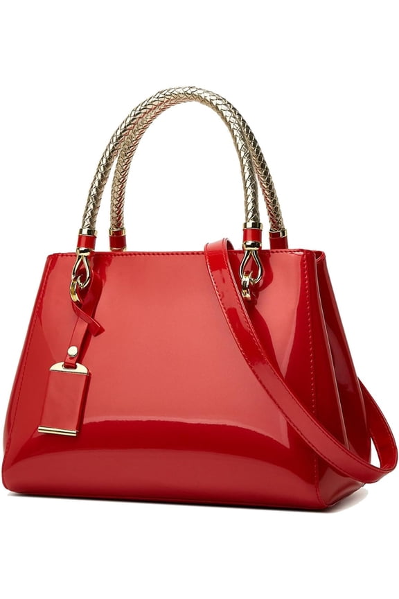 Glossy Women Handbag Shiny Patent Leather Top-Handle Bag Medium Shoulder Bag Tote Evening Purse Party Satchel