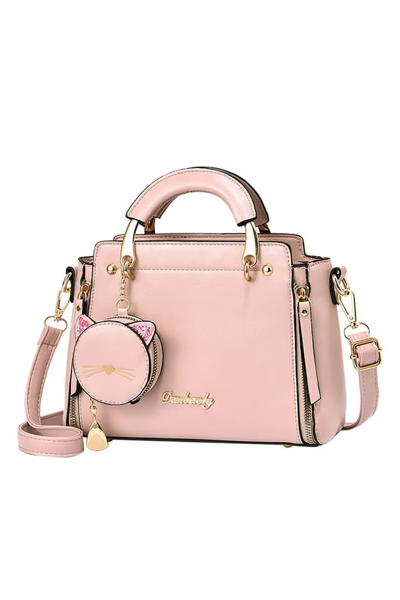 Purses and Handbags for Women Stylish Tote Shoulder Satchel Bag Cute PU Leather Crossbody Top Handle Bags with Zipper and Small Cat Bag Decor Pink