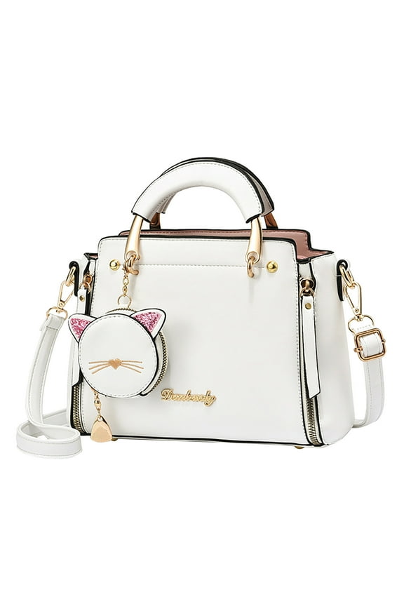 Purses and Handbags for Women Stylish Tote Shoulder Satchel Bag Cute PU Leather Crossbody Top Handle Bags with Zipper and Small Cat Bag Decor White