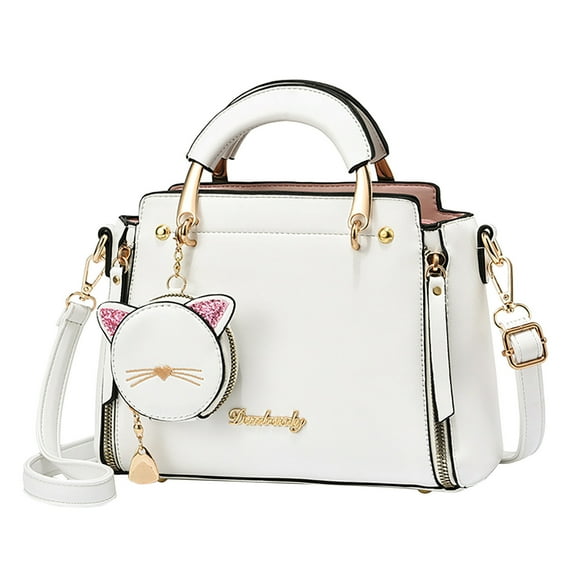Purses and Handbags for Women Stylish Tote Shoulder Satchel Bag Cute PU Leather Crossbody Top Handle Bags with Zipper and Small Cat Bag Decor White
