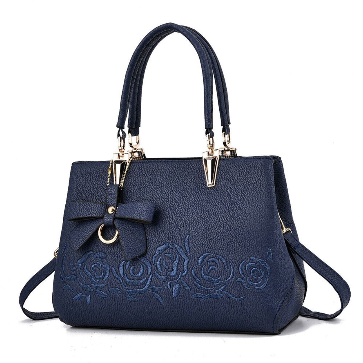 MKF Women's Shoulder Bag & Wristlet Set - Navy Blue PU Leather Tote With Handles, Large