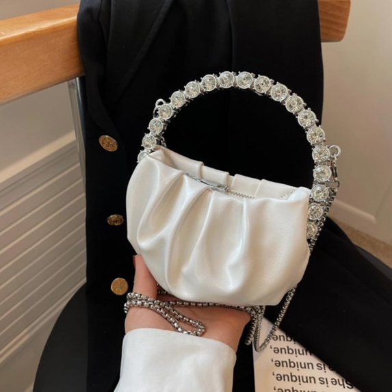 Purses for Women, Rhinestone Cloud Pleated Evening Bag, White