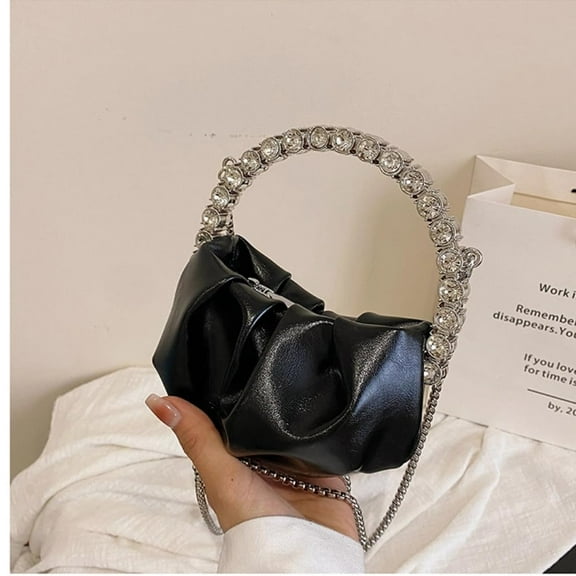 Purses for Women, Rhinestone Cloud Pleated Evening Bag, Black