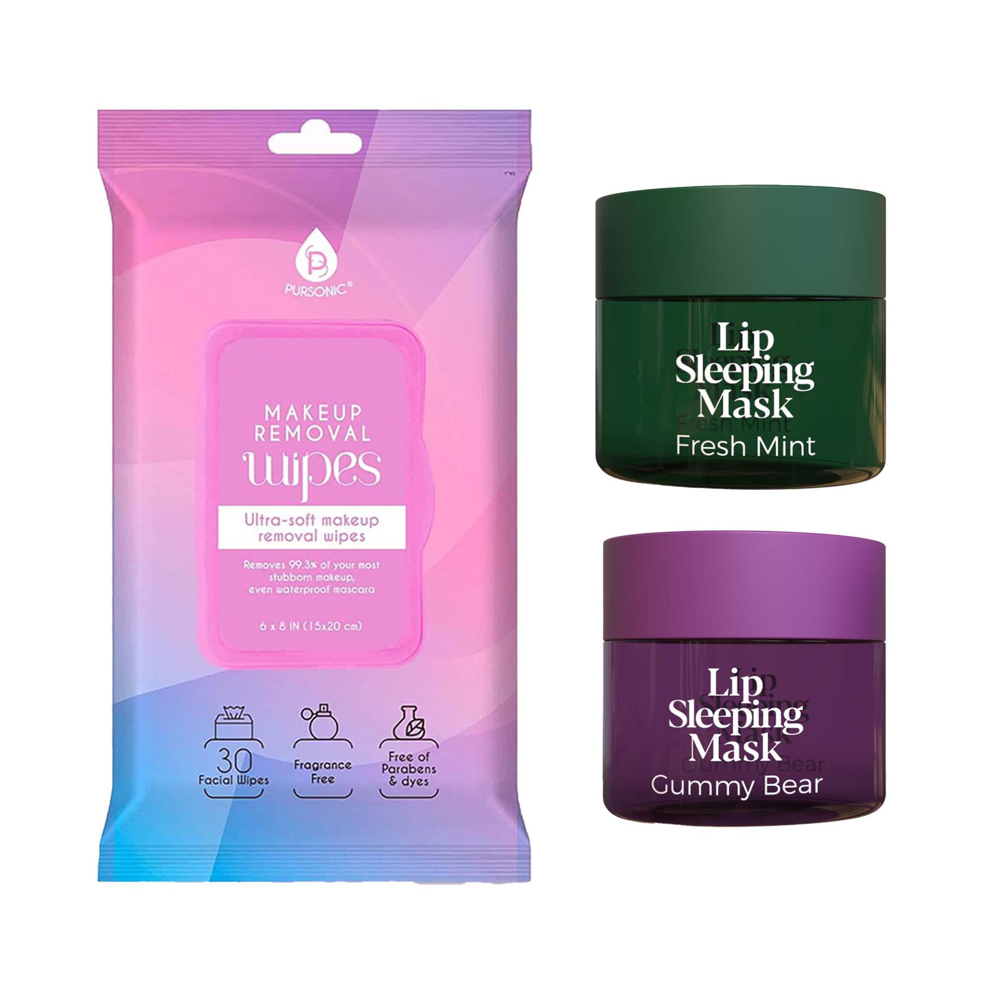 Pursonic Lip Care  Cleanse Bundle – Lip Sleeping Mask (Gummy Bear  Fresh Mint) + Makeup Removal Wipes (60-Count)
