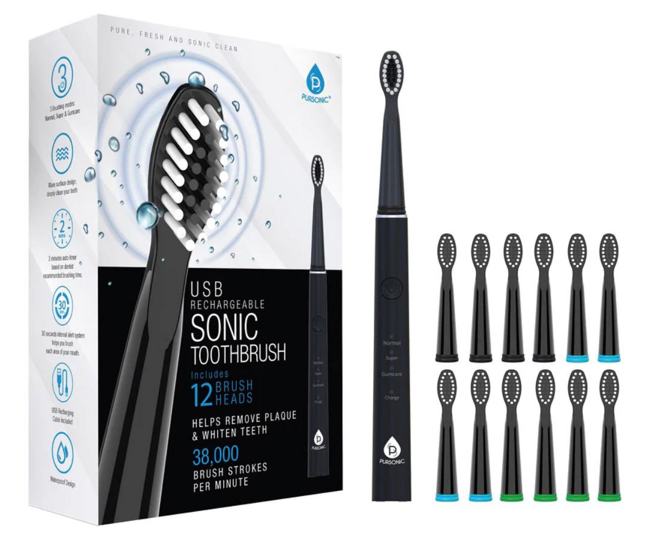 Pursonic Usb Rechargeable Sonic Toothbrush With Brush Heads - Black
