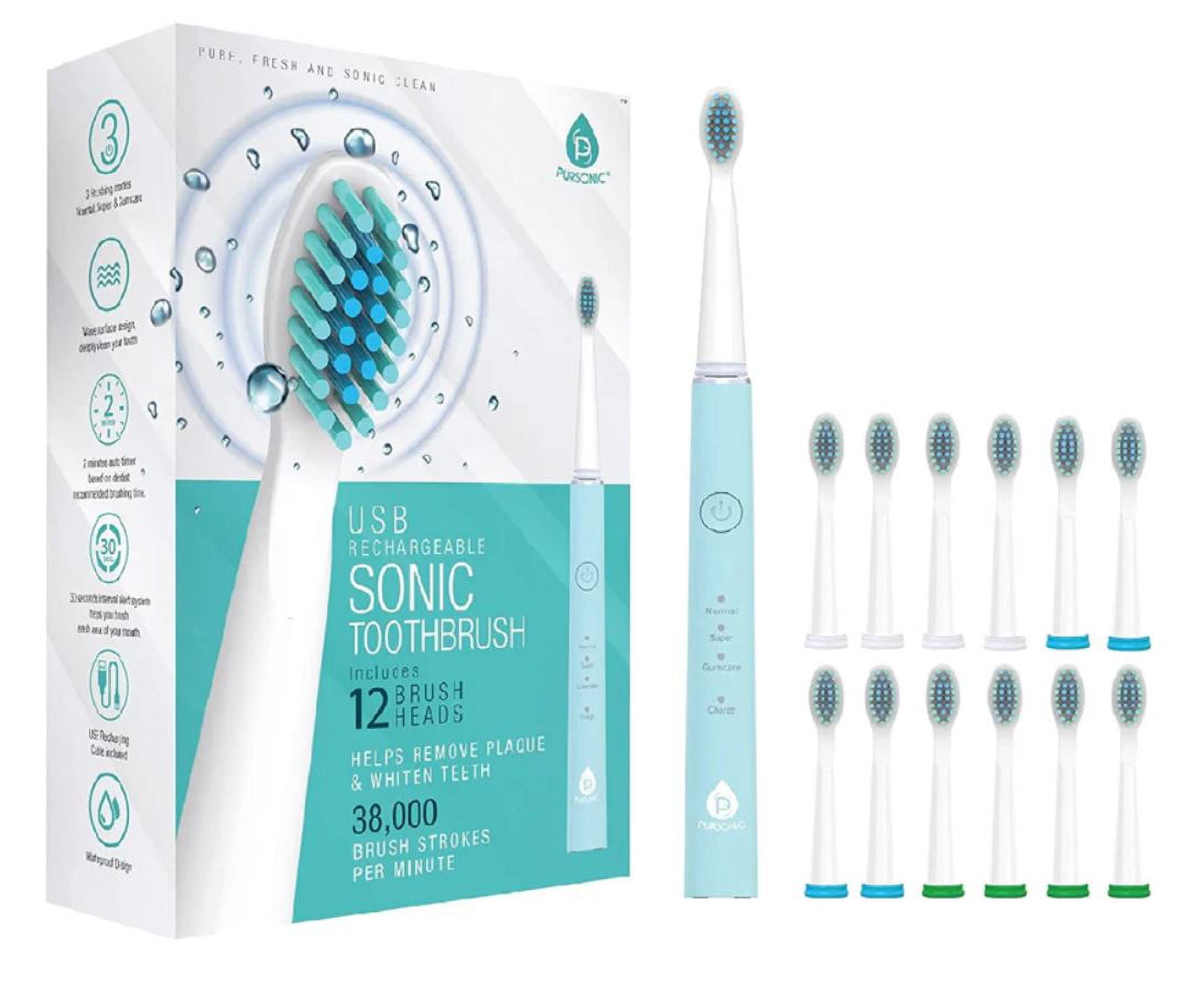 Electric Toothbrush, USB Rechargeable, with 12 Brush Heads