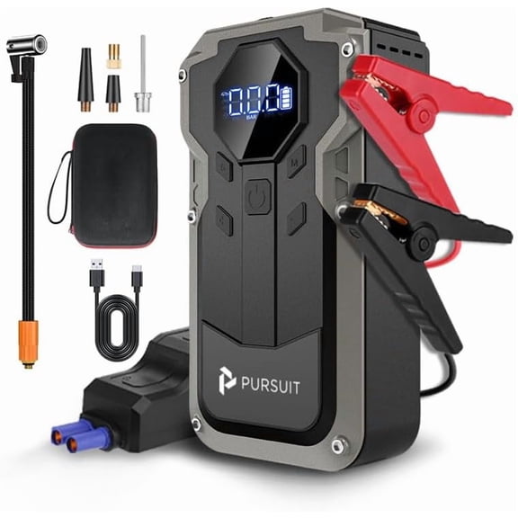 Pursuit Car Jump Starter with Air Compressor, 2000A&150PSI Portable 12V Jump Box Battery Booster(6.0 Gas/3.0L ) with Tire Inflator, with Smart Jumper Cables, Emergency LED Lights