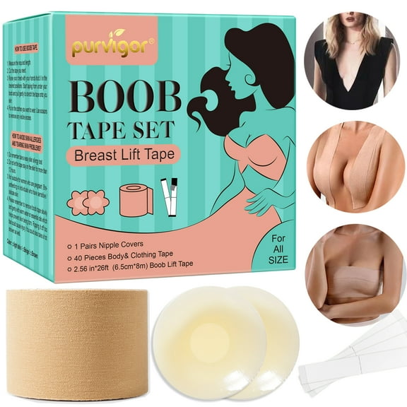 Purvigor 26ft/8m Boob Tape Set for Breast Lift Plus Size Strapless Bra Sweatproof and Breathable, with 2 Reusable Silicone Nipple Covers, 40 Pieces Clothing Tapes for All Size