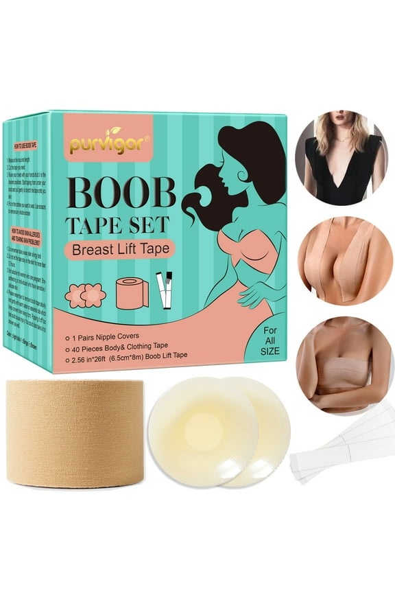26ft/8m Boob Tape Set for Breast Lift Plus Size Strapless Bra Sweatproof and Breathable, with 2 Reusable Silicone Nipple Covers, 40 Pieces Clothing Tapes for All Size