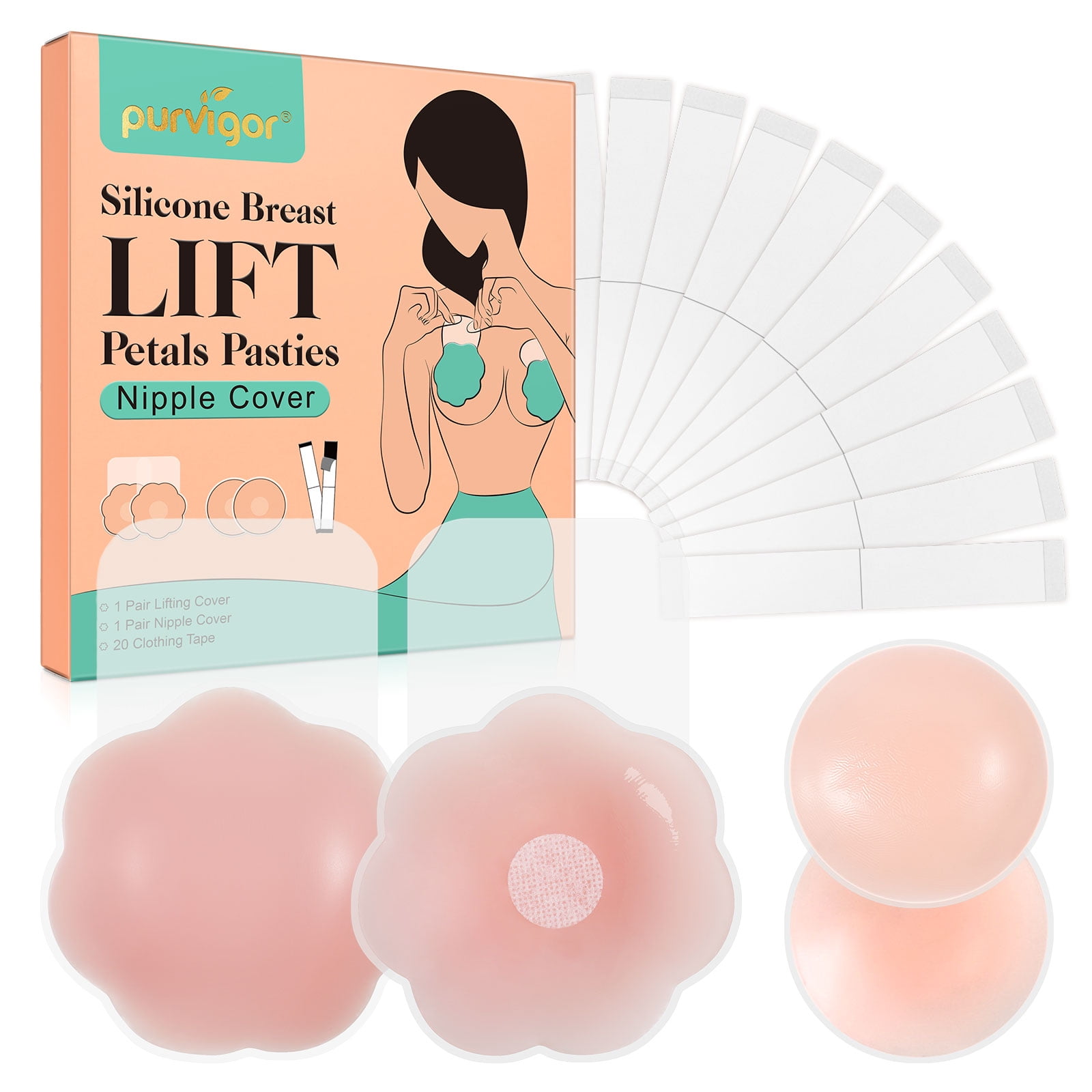 Purvigor Silicone Breast Lift Petals Pasties Nipple Cover with 20 Clothing  Tape