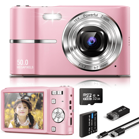 Puseky 1080P 50MP Digital Camera, Camera Camcorder with 32GB TF Card, Pink Digital Camera
