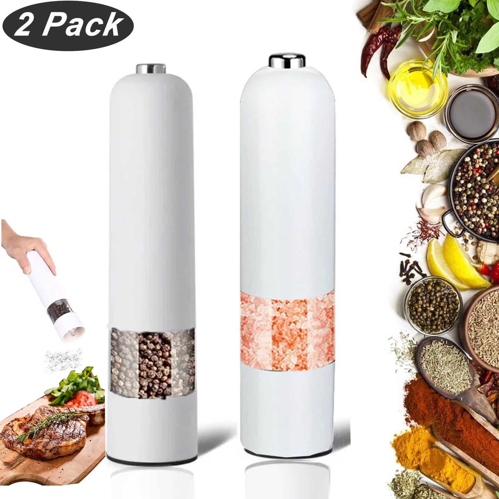 Puseky 2 Pcs Electric Salt and Pepper Grinder Set Stainless Steel Battery Operated Salt