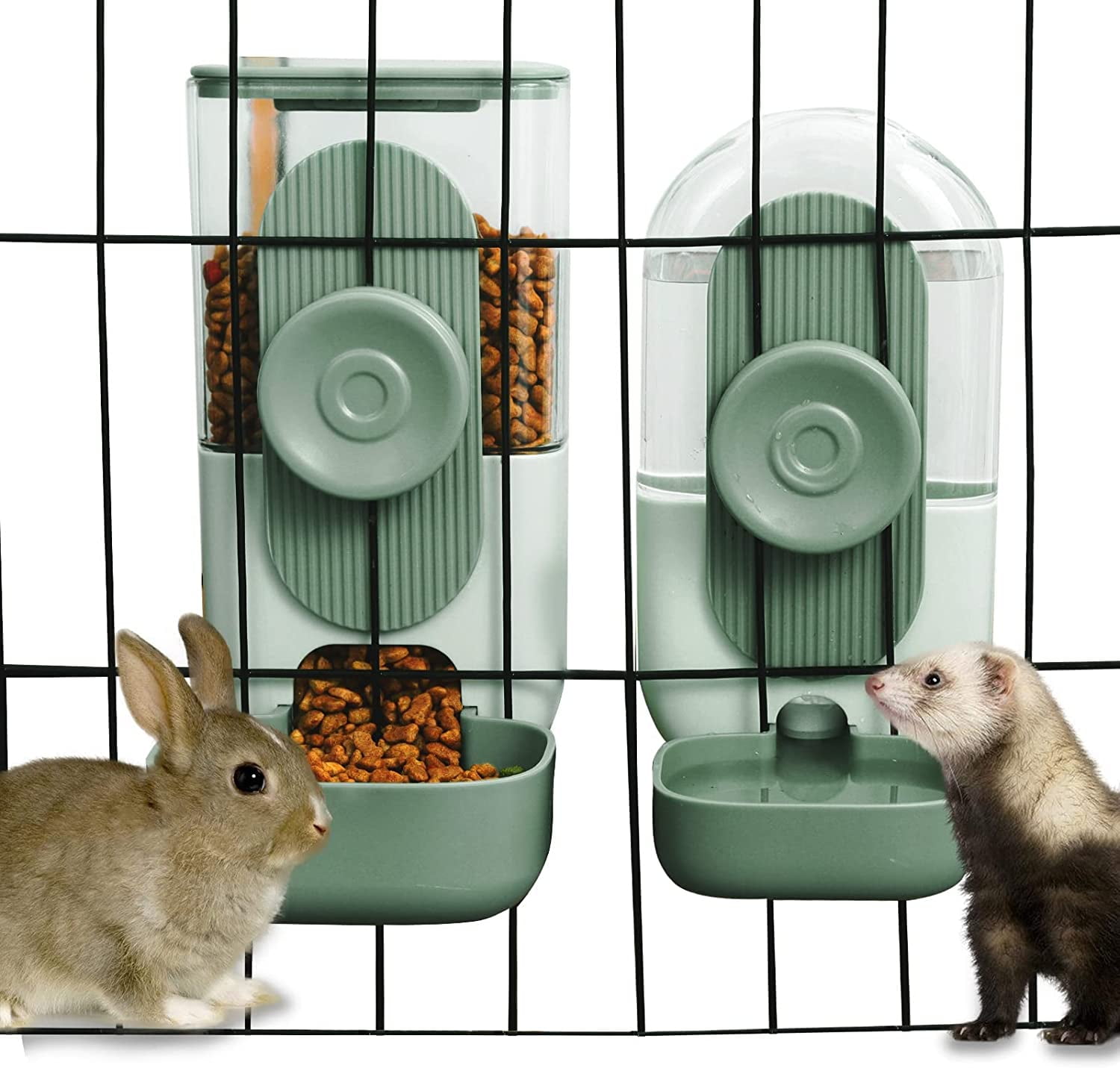 Puseky 2Pcs Gravity Pet Feeders and Waterers Small Automatic Feeder for Cats Dogs Green Cage Food Bowl