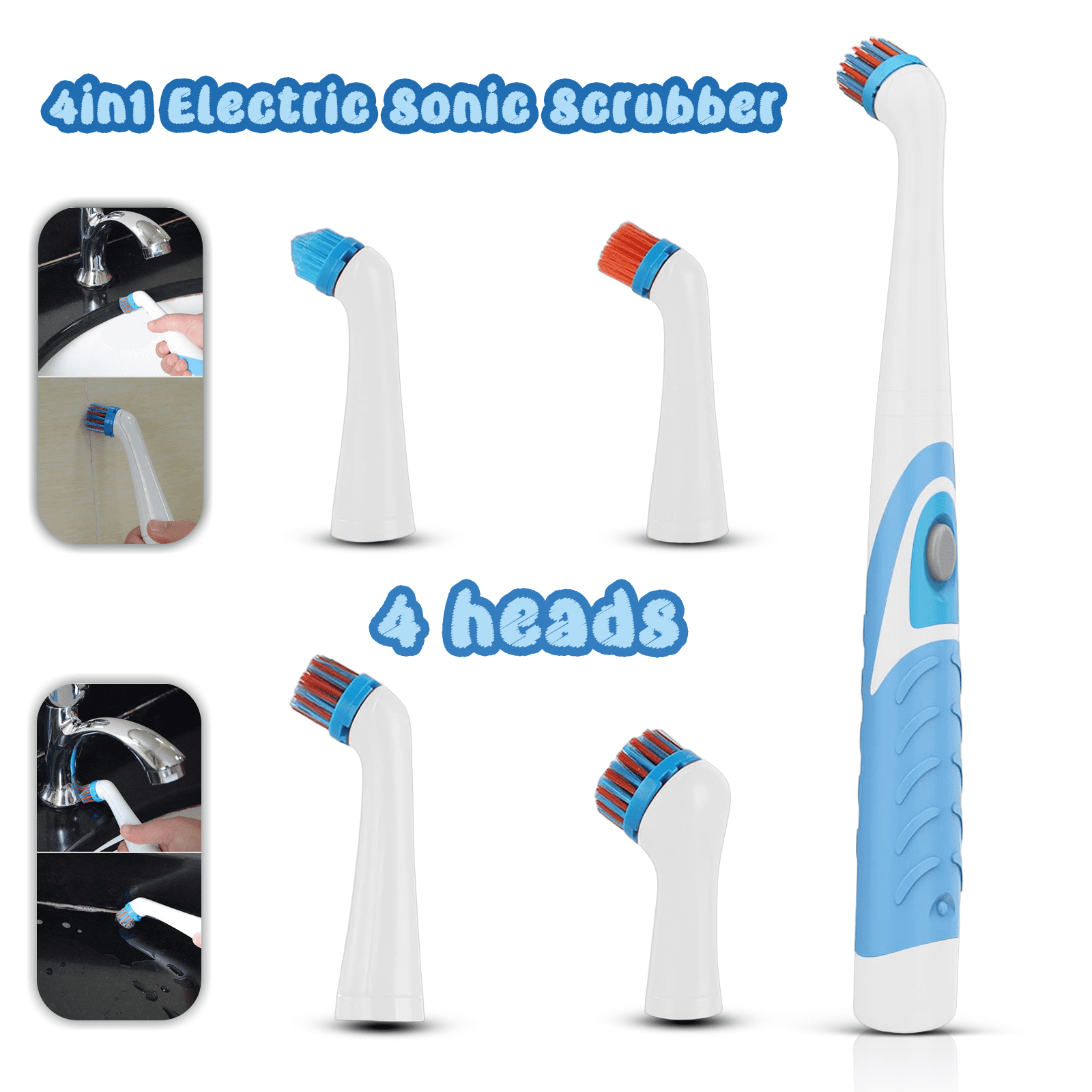 Puseky 4in1 Electric Sonic Scrubber Cleaning Brush Household Brush for Bathroom Kitchen, Blue