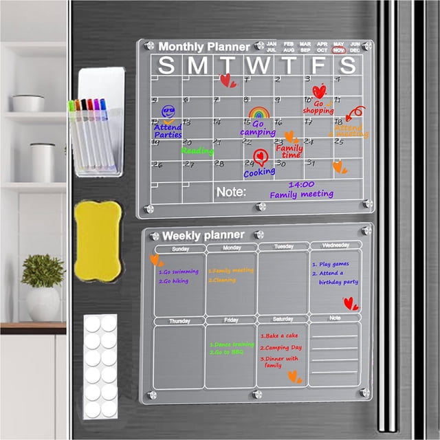 Puseky Acrylic Dry Erase Board Calendar for Fridge,2 Pcs16”x12" Clear Acrylic Dry Erase