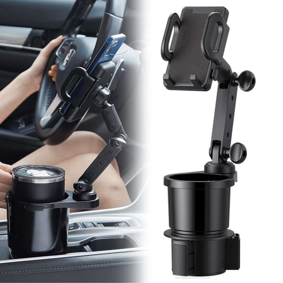 Puseky Car Cup Holder with Phone Mount, 2-in-1 Cell Phone Cup Holder Adapter with 360 Rotating Base, Fits Any Smartphone and Most Bottles (Black)