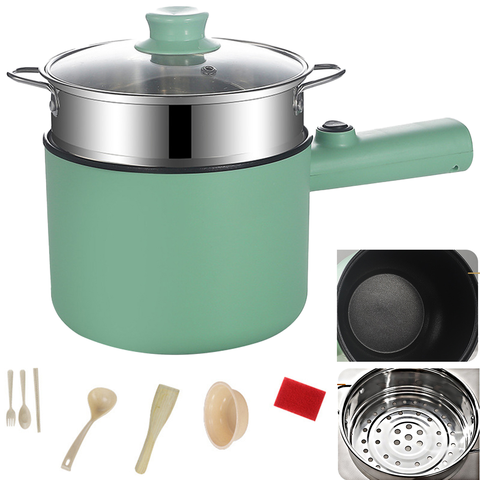 Puseky Electric Hot Pot with Steamer, Non-Stick Frying Pan, Electric Cooker with Dual Power Control, BPA Free & Over-Heating & Boil Dry Protection, Electric Pot for Pasta, Green