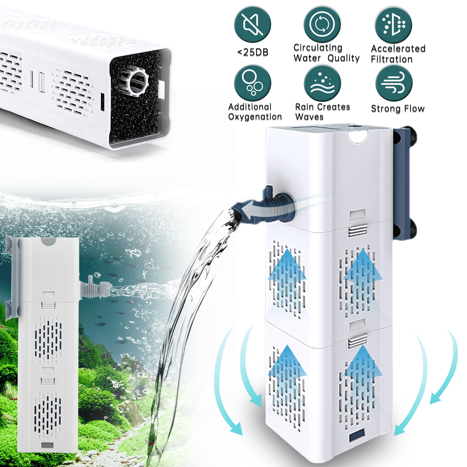 Ultra Quiet Fish Tank Filter, 4-in-1 Internal Aquarium Filter, 1000L/H (267GPH) Submersible Water Pump, Oxygen Aeration Filter for Betta, Turtle, Pond Fish, Garden