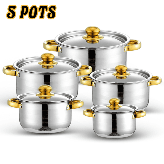 Puseky Home Kitchen Cookware Sets, 10 Pcs Non Stick Stainless Steel Soup Pot Set, Double Handle with Lids Soup Pot Compatible with All Cooktops for Gas, Electric and Induction, Gold