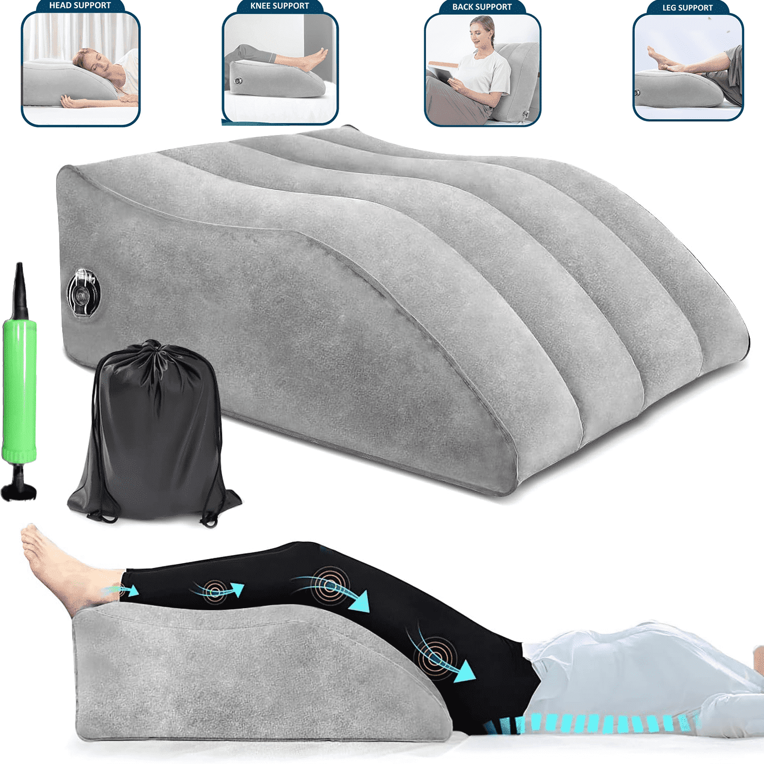Puseky Inflatable Leg Elevation Pillow, Wedge Pillows for Sleeping, Comfort Leg Bed Pillow Improve Circulation, Suitable for Relax Muscles and Comfort Swelling, Injuries, Light Gray