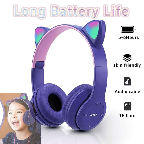 Kids Headphones, Cute Cat Ear Wireless Headphones, over on Ear Bluetooth 5.0 Game Headset for Kids Adults with Microphone, Purple