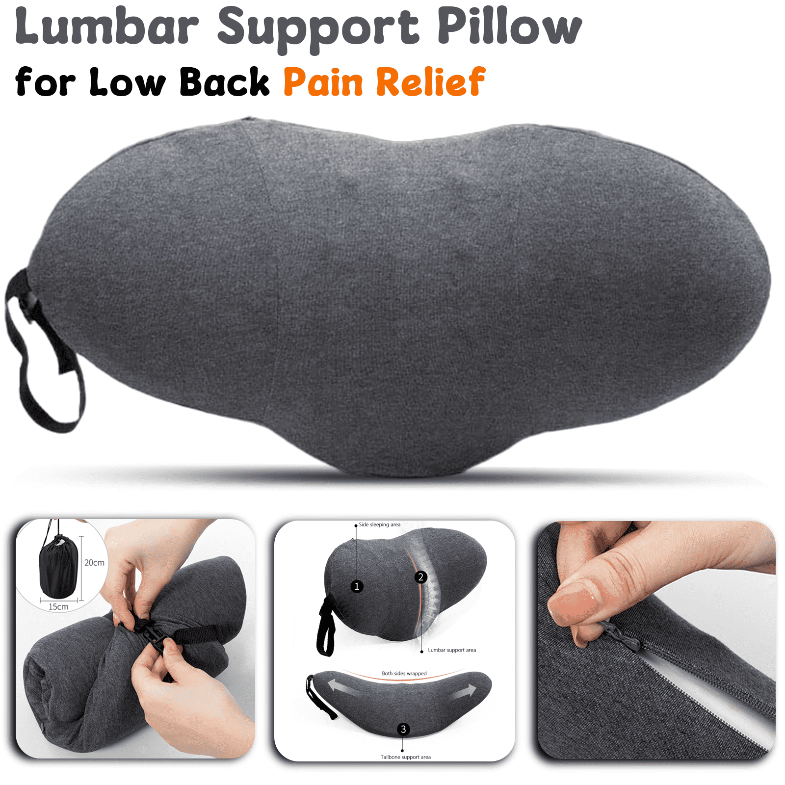 Puseky Lumbar Support Pillow, Memory Foam Pillow for Low Back Pain Relief, Ergonomic Streamline Lumbar Pillow for Car Seat, Office Chair, Recliner and Bed, Gray