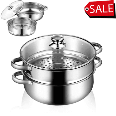 Puseky Multipurpose 11-Inch 2-Tier Stainless Steel Steamer Pot with Lid for Cooking Vegetables, Dumplings, Stocks, Sauces